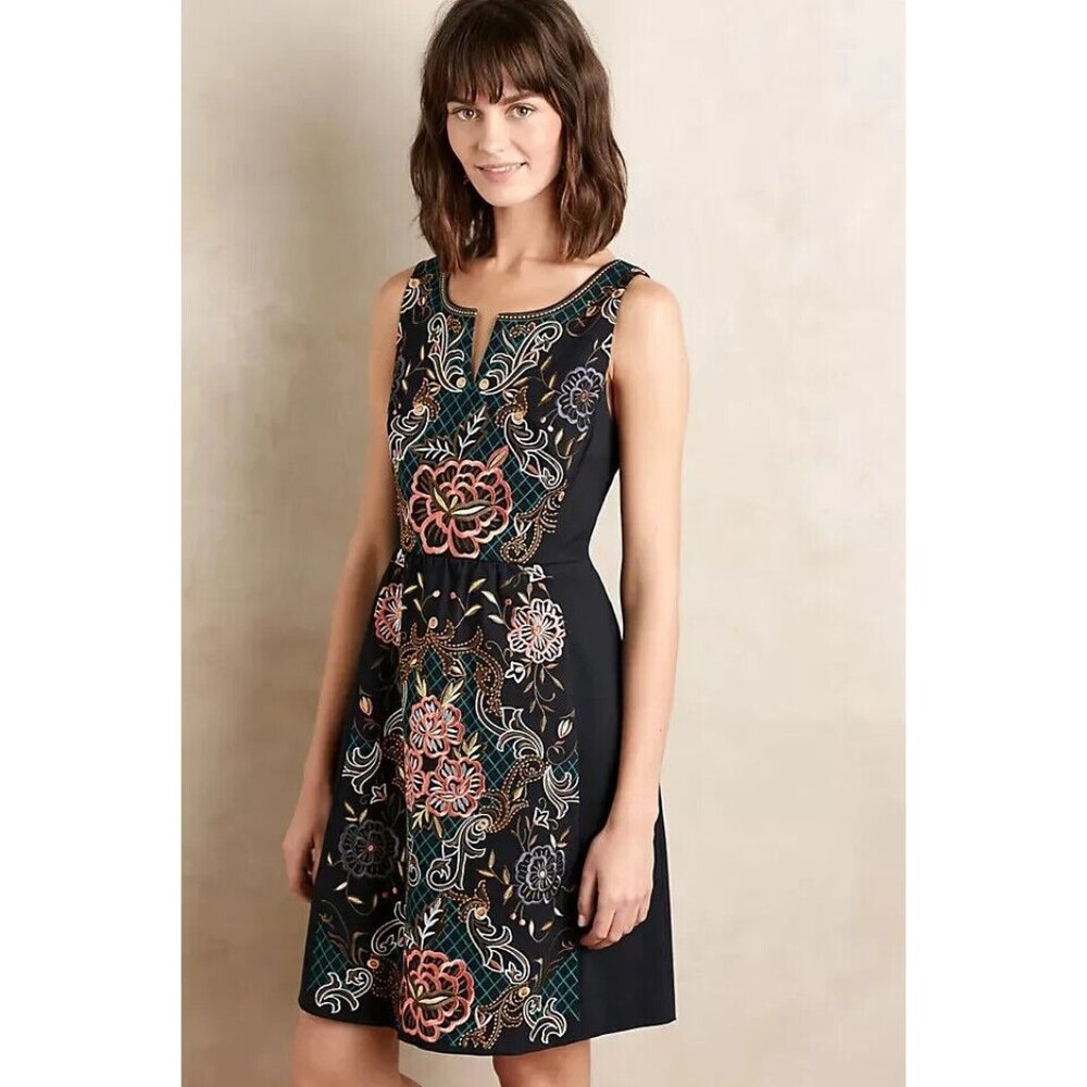 Moulinette Soeurs Anthropologie Size 6 P Black Floral Embroidery PERENNIAL Dress